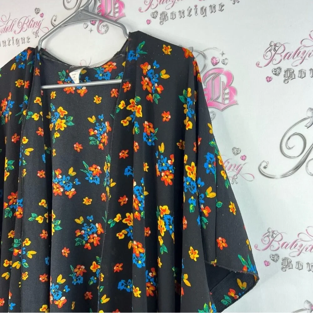 Cover Me cardigan long style flowers Floral Kimono orange blue yellow Black